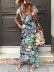 Holiday Geometric V Neck Short Sleeve Maxi Dresses