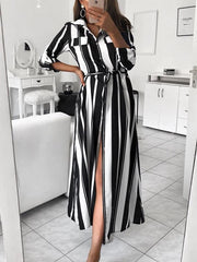 Stripe printed shirt style turn down collar maxi dresses