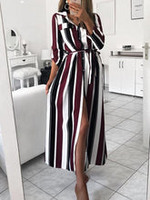 Stripe printed shirt style turn down collar maxi dresses