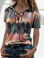 Large lapel turn down neck short-sleeved retro printing urban casual loose T-shirts