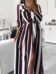 Stripe printed shirt style turn down collar maxi dresses