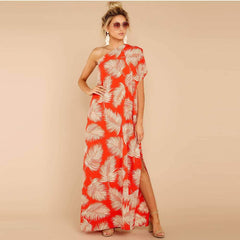 Loose Casual Single shoulder Print Maxi Dresses