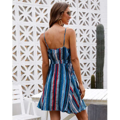 Fashion V neck Stripe Vest Lacing Skater Dresses