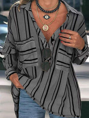 Striped Buttoned Down Plus Size Blouses Shirts