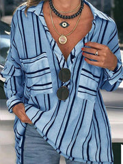 Striped Buttoned Down Plus Size Blouses Shirts
