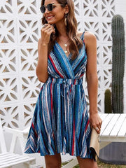 Fashion V neck Stripe Vest Lacing Skater Dresses