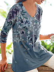 V neck floral printed long sleeve T-shirts