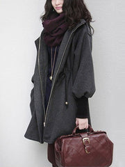 Hooded Drawstring Plain Batwing Sleeve Coat