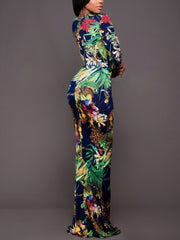 Green V Neck Print Flory Sexy Woman Maxi Vacation Dresses