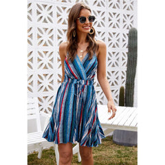 Fashion V neck Stripe Vest Lacing Skater Dresses