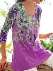 V neck floral printed long sleeve T-shirts