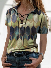Large lapel turn down neck short-sleeved retro printing urban casual loose T-shirts