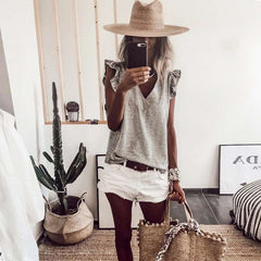 Fashion V neck Falbala Sleeveless T-Shirts