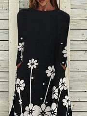 Floral-Print Crew Neck Long Sleeve Casual Dresses