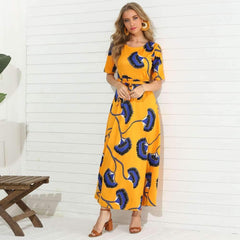Fashiuon Print Round neck Short sleeve Lacing Maxi Dresses