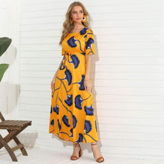 Fashiuon Print Round neck Short sleeve Lacing Maxi Dresses