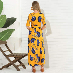 Fashiuon Print Round neck Short sleeve Lacing Maxi Dresses