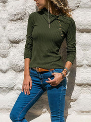 Fashionable diagonal collar button long sleeve knit sweaters