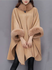 Faux Fur Collar Frayed Trim Plain Batwing Sleeve Coat