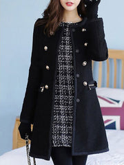 Faux Fur Collar Decorative Button Plain Woolen Coat