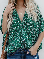 Stylish Green Printed Women Chiffon V neck Bat Sleeve Blouses