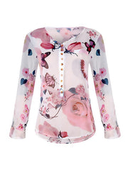 V neck button chiffon long sleeve t-shirts