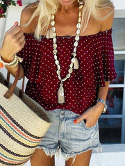 Stylish polka dot printed off shoulder short sleeve T-shirts