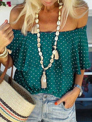 Stylish polka dot printed off shoulder short sleeve T-shirts
