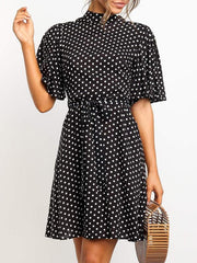 High collar Women Fashion Wave Dot Skater Tie Dresses
