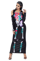 Halloween Floral Skeleton Long sleeve Maxi Dress
