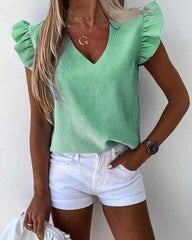 Fashion Stripe V neck Falbala Short sleeve Blouses