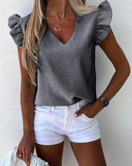 Fashion Stripe V neck Falbala Short sleeve Blouses