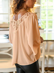 V neck chiffon plain lace decoration blouses