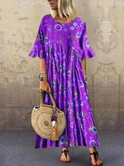 Floral printed round neck short sleeves casual loose maxi dresses