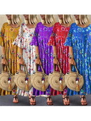Floral printed round neck short sleeves casual loose maxi dresses