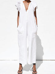 Stylish white V-neck lotus leaf sleeves jumpsuits