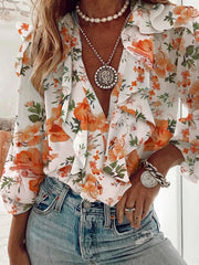 Stylish top v neck printed long sleeve chiffon blouses