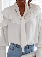 Fashion Street Solid Patchwork Frenulum Turndown Collar Tops