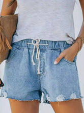 Fashion Street Solid Ripped Mid Waist Straight Denim Shorts Pants
