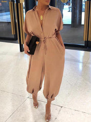 Stylish short sleeve high waist loose wide leg girdle plain jumpsuits
