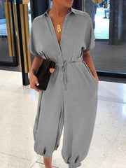 Stylish short sleeve high waist loose wide leg girdle plain jumpsuits