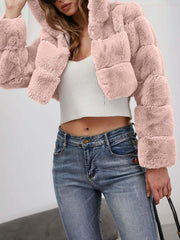 Thick Hooded Crop Faux Fur Jacket
