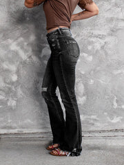 High Waist Slant Pocket Flare Ripped Jeans