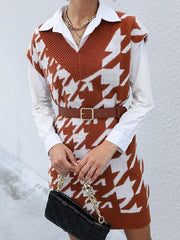 Houndstooth Pattern Knit Dress Without Belt
