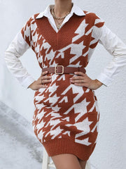 Houndstooth Pattern Knit Dress Without Belt