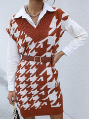 Houndstooth Pattern Knit Dress Without Belt