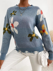 Floral Pattern Fringe Hem Knit Sweater