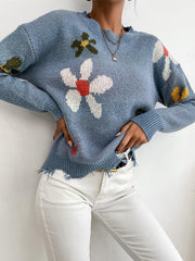 Floral Pattern Fringe Hem Knit Sweater