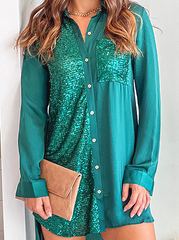 Fashion Street Patchwork Sequins Buckle Turndown Collar Shirt Dress Dresses