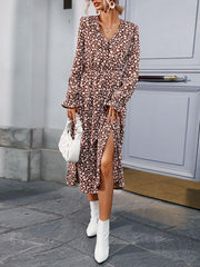 Floral Print Flounce Sleeve Slit Hem Dress